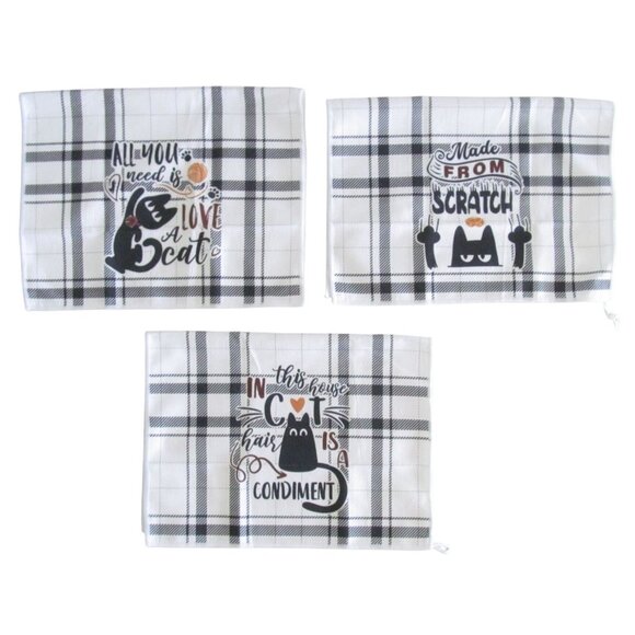 Cat lovers Theme Quotes Kitchen Cotton Dish Towels Set of 3 New - Picture 9 of 13